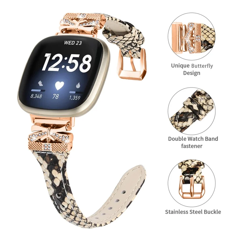 Rose Gold Buckle Band for Fitbit Versa 3 / 4 / Sense / Sense 2 Genuine Cowhide Leather Watch Strap - Snake Texture