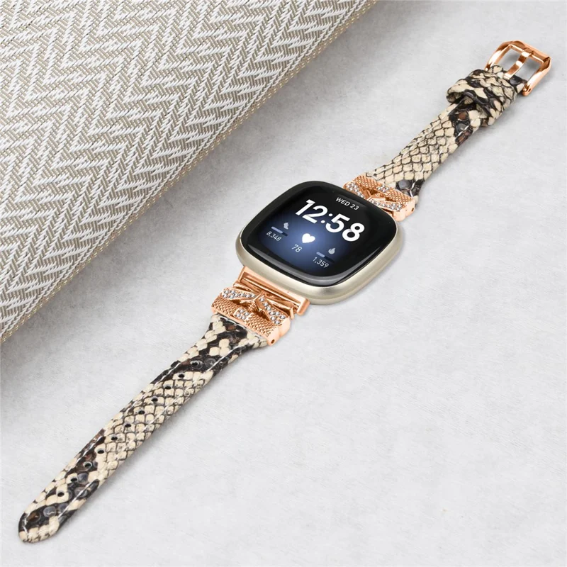 Rose Gold Buckle Band for Fitbit Versa 3 / 4 / Sense / Sense 2 Genuine Cowhide Leather Watch Strap - Snake Texture