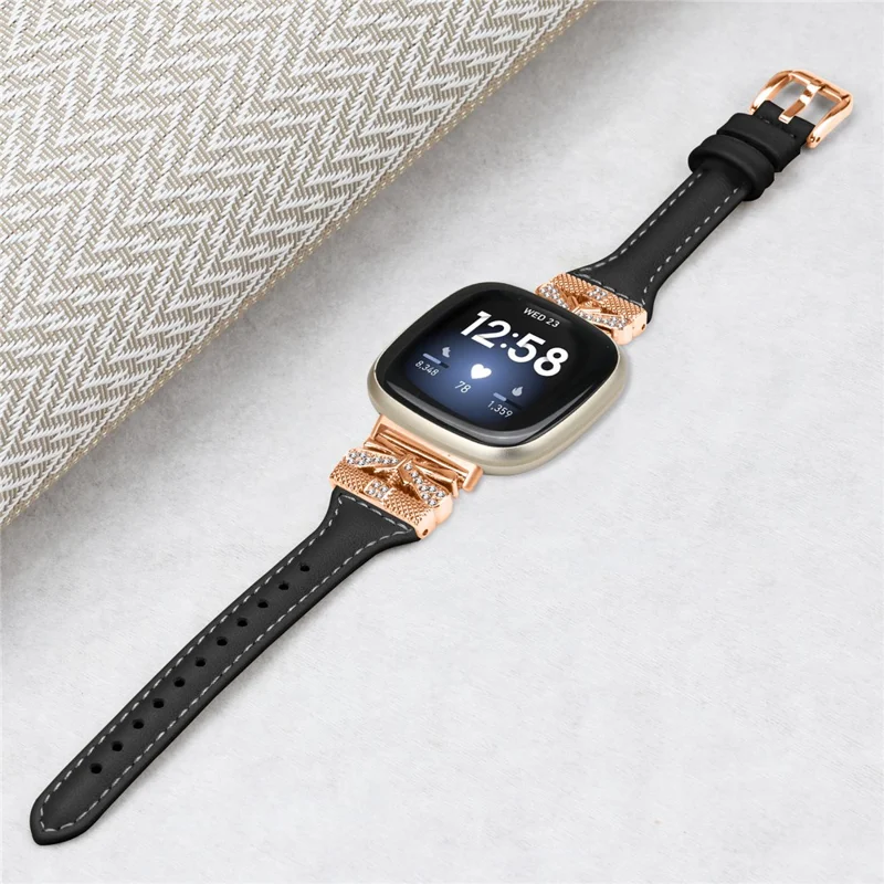 Rose Gold Buckle Band for Fitbit Versa 3 / 4 / Sense / Sense 2 Genuine Cowhide Leather Watch Strap - Black