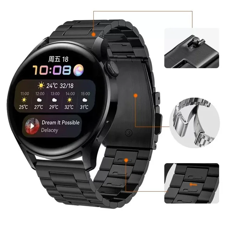 For Huawei Watch GT 4 46mm / GT 3 46mm / GT 2 46mm Watch Strap 3 Beads Titanium Steel 22mm Wrist Band - Black