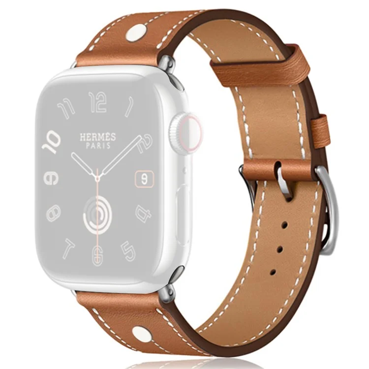 Pour Apple Watch Series 10 46 mm / Ultra 2 Ultra 49 mm / Series 9 8 7 45 mm / 6 5 4 SE (2023) SE (2022) SE 44 mm / 3 2 1 42 mm Véritable bracelet en cuir de vache Rivet Decor Strap - Marron