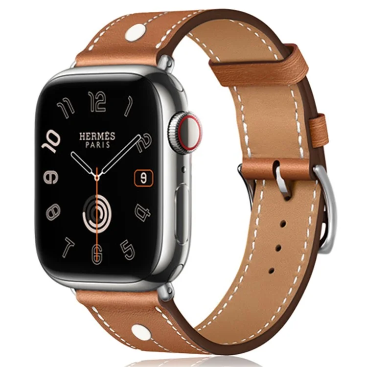 Pour Apple Watch Series 10 46 mm / Ultra 2 Ultra 49 mm / Series 9 8 7 45 mm / 6 5 4 SE (2023) SE (2022) SE 44 mm / 3 2 1 42 mm Véritable bracelet en cuir de vache Rivet Decor Strap - Marron