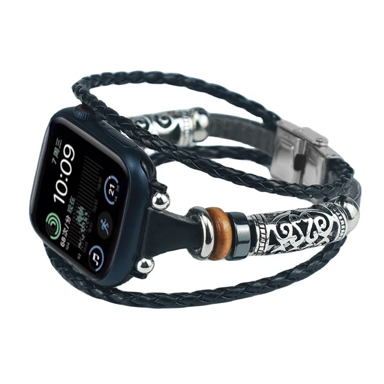 Для Apple Watch Series 10 46mm / Ultra 2 Ultra 49mm / Series 9 8 7 45mm / 6 5 4 SE (2023) SE (2022) SE 44mm / 3 2 1 42mm Watch Band Этнический наручный ремешок - Черный
