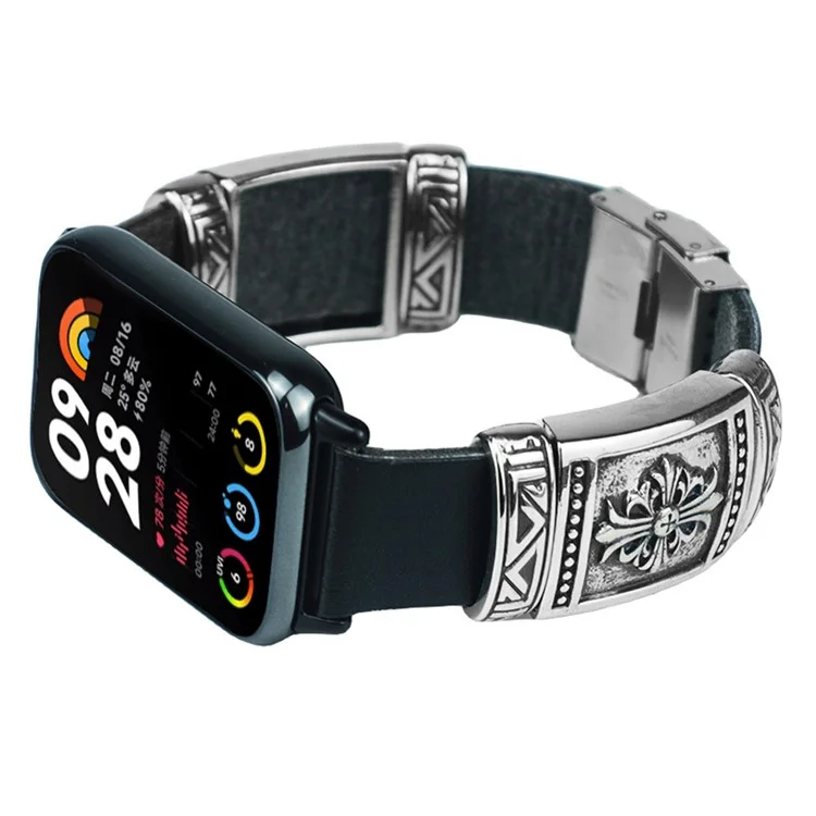 Pour Xiaomi Smart Band 8 Pro Watch Strap Embossment Design Retro PU Leather + Alloy Wrist Strap - Noir