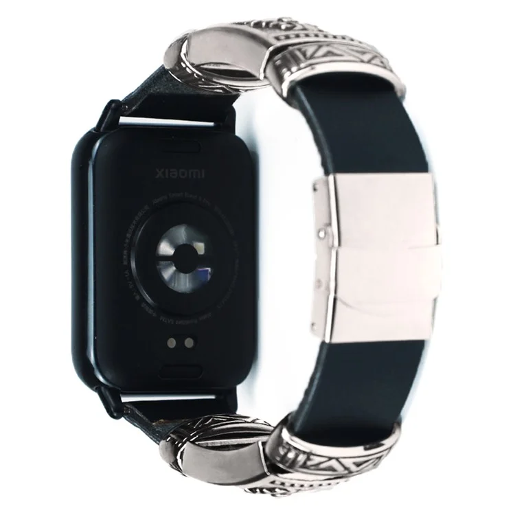 Pour Xiaomi Smart Band 8 Pro Watch Strap Embossment Design Retro PU Leather + Alloy Wrist Strap - Noir
