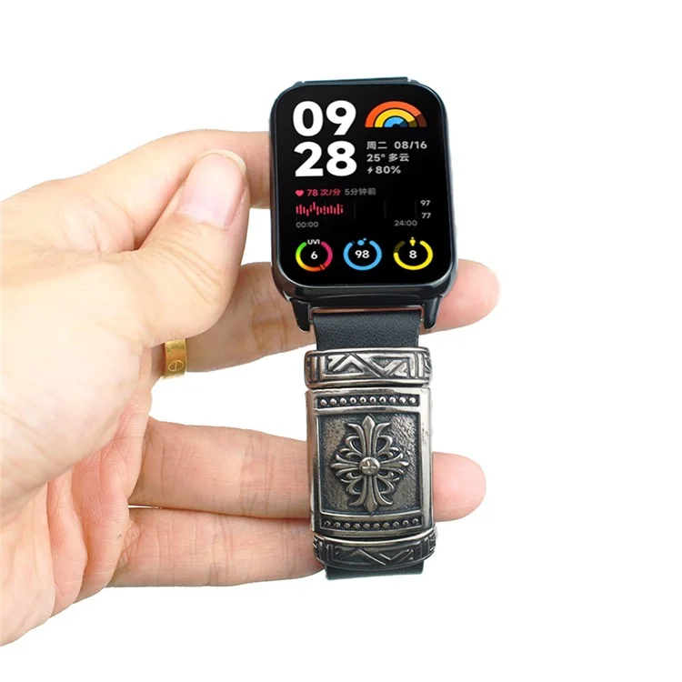 Pour Xiaomi Smart Band 8 Pro Watch Strap Embossment Design Retro PU Leather + Alloy Wrist Strap - Noir