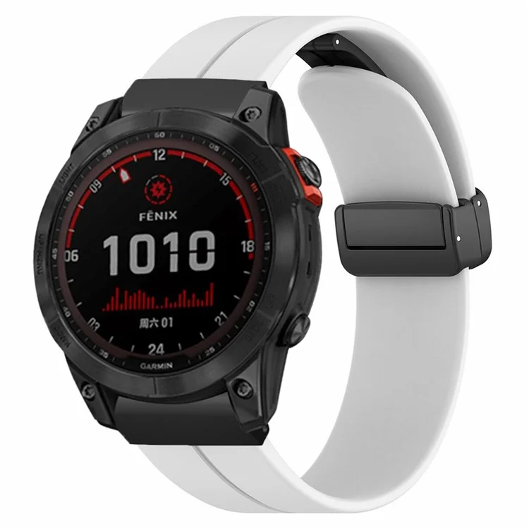 For Garmin Fenix 7X / 6X / 5X Watch Strap Magnetic Buckle Silicone Band with 26mm PC Connector - White