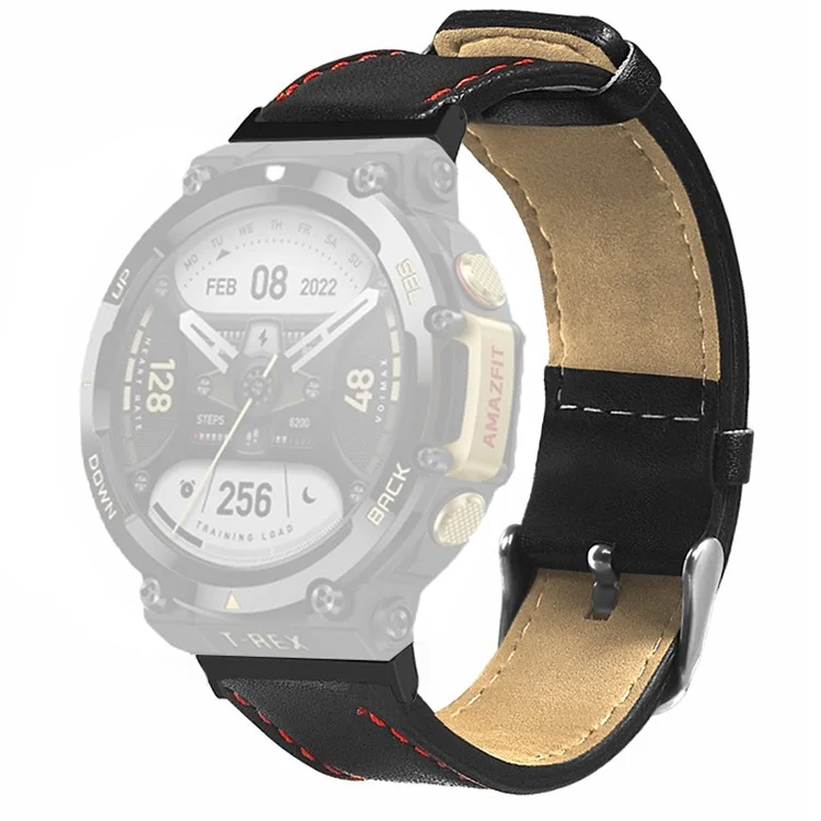 For Huami Amazfit T-Rex 2 Watch Strap Red Stitching Lines Genuine Cow Leather Band Replacement