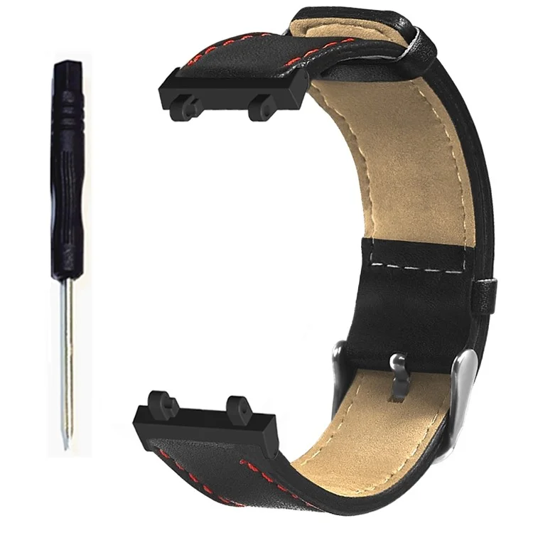 For Huami Amazfit T-Rex 2 Watch Strap Red Stitching Lines Genuine Cow Leather Band Replacement