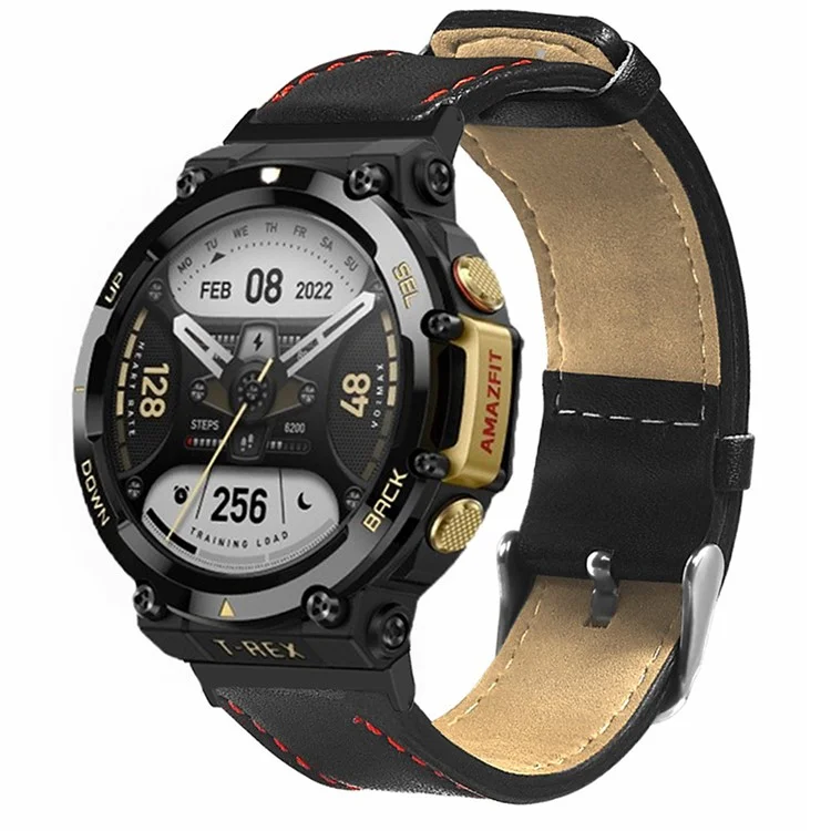 For Huami Amazfit T-Rex 2 Watch Strap Red Stitching Lines Genuine Cow Leather Band Replacement