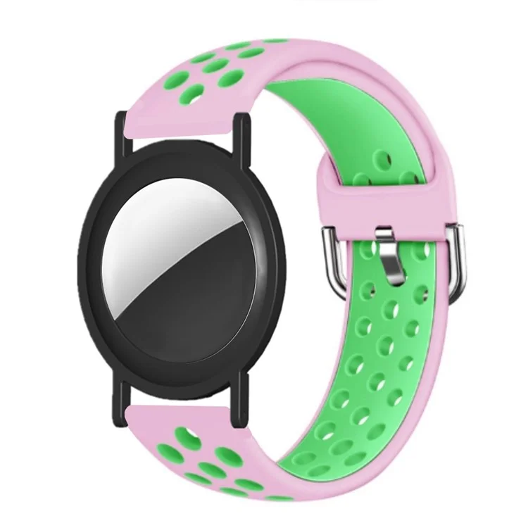 Silicone Strap for Apple AirTag Tracker PC Frame Holder Dual Color Adjustable Band Bracelet - Pink+Green