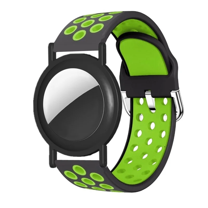 Silicone Strap for Apple AirTag Tracker PC Frame Holder Dual Color Adjustable Band Bracelet - Black+Green