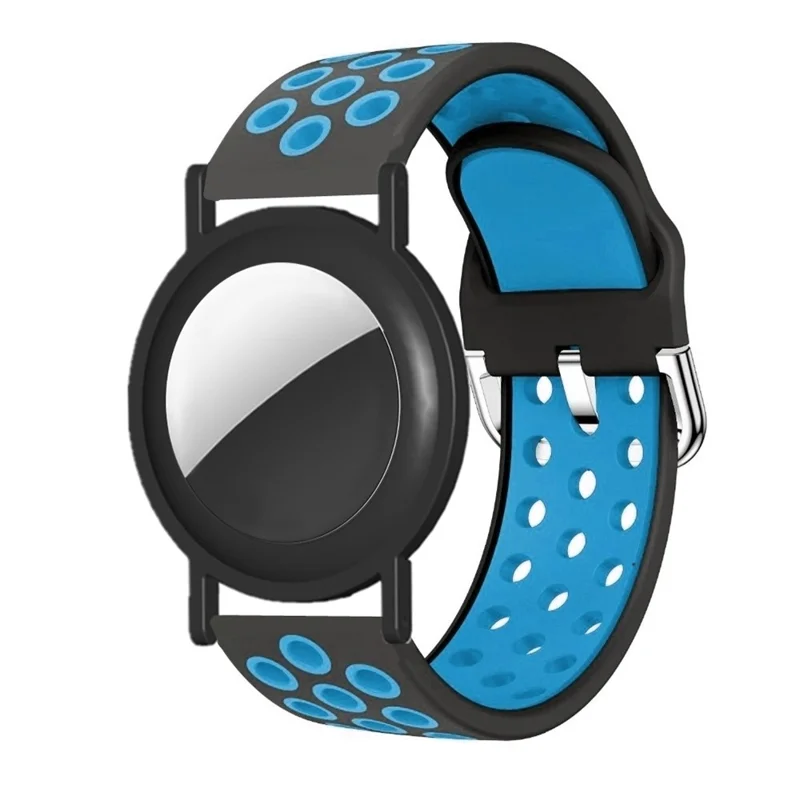 Silicone Strap for Apple AirTag Tracker PC Frame Holder Dual Color Adjustable Band Bracelet - Black+Blue