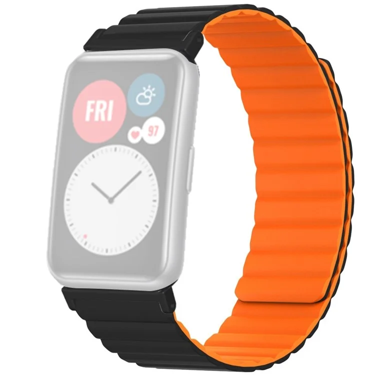For Huawei Watch Fit / Watch Fit Special Edition Watch Band Magnetic Silicone Strap Replacement - Black+Orange