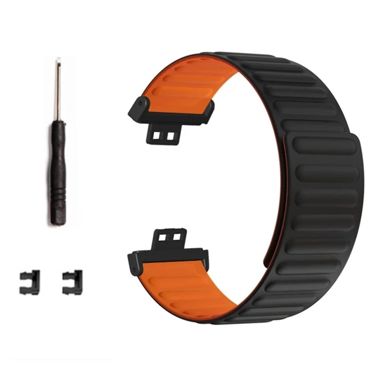 For Huawei Watch Fit / Watch Fit Special Edition Watch Band Magnetic Silicone Strap Replacement - Black+Orange