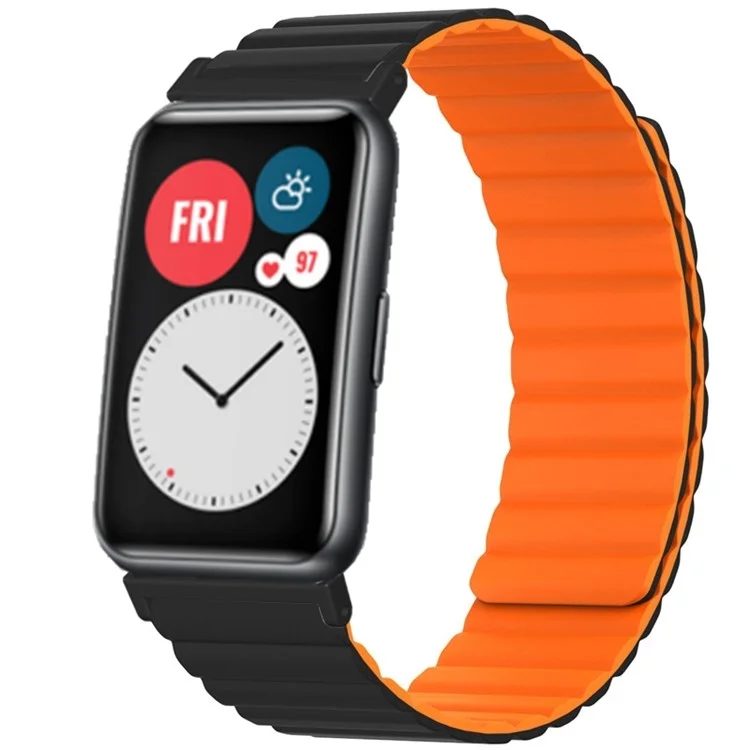 For Huawei Watch Fit / Watch Fit Special Edition Watch Band Magnetic Silicone Strap Replacement - Black+Orange