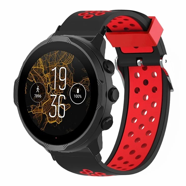 For Suunto Spartan Sport Wrist HR Baro / Suunto 7 Watch Band 24mm Silicone Strap Replacement with Breathable Holes - Black+Red