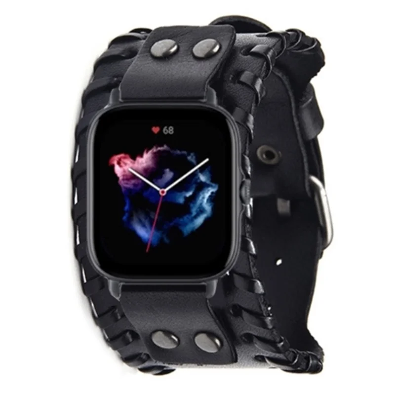 For Huami Amazfit GTS 4 / 3 / 2 / 2 mini / Bip Watch Band Rivet Punk Style 20mm Cowhide Leather Bracelet Strap - Black