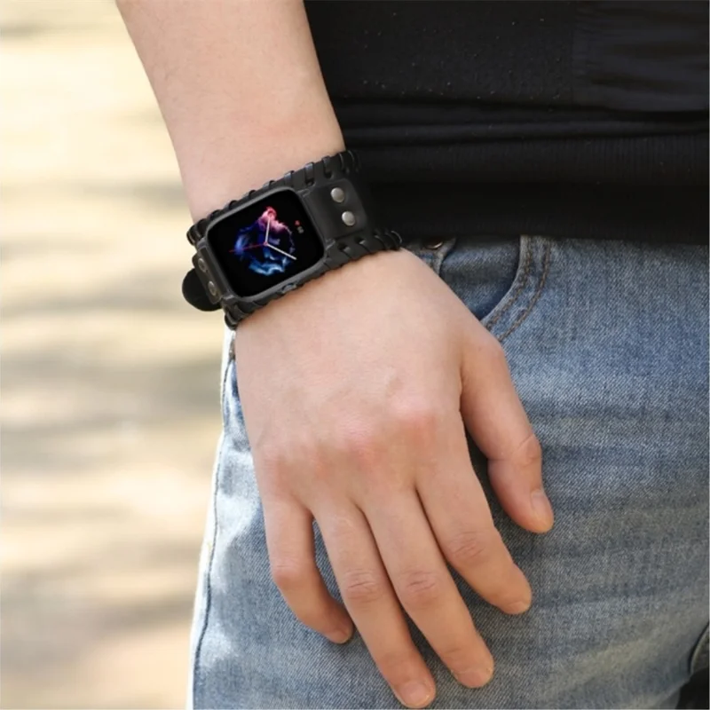 For Huami Amazfit GTS 4 / 3 / 2 / 2 mini / Bip Watch Band Rivet Punk Style 20mm Cowhide Leather Bracelet Strap - Black