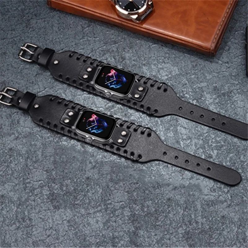 For Huami Amazfit GTS 4 / 3 / 2 / 2 mini / Bip Watch Band Rivet Punk Style 20mm Cowhide Leather Bracelet Strap - Black
