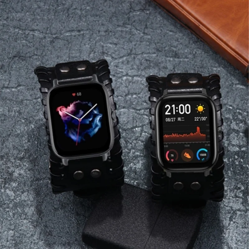 For Huami Amazfit GTS 4 / 3 / 2 / 2 mini / Bip Watch Band Rivet Punk Style 20mm Cowhide Leather Bracelet Strap - Black