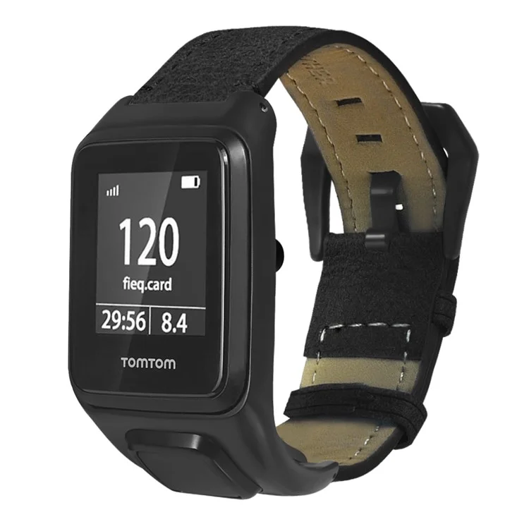 For TomTom Runner 3 / Adventurer Genuine Cow Leather Band Electroplating Buckle  Watch Strap with Case - Black