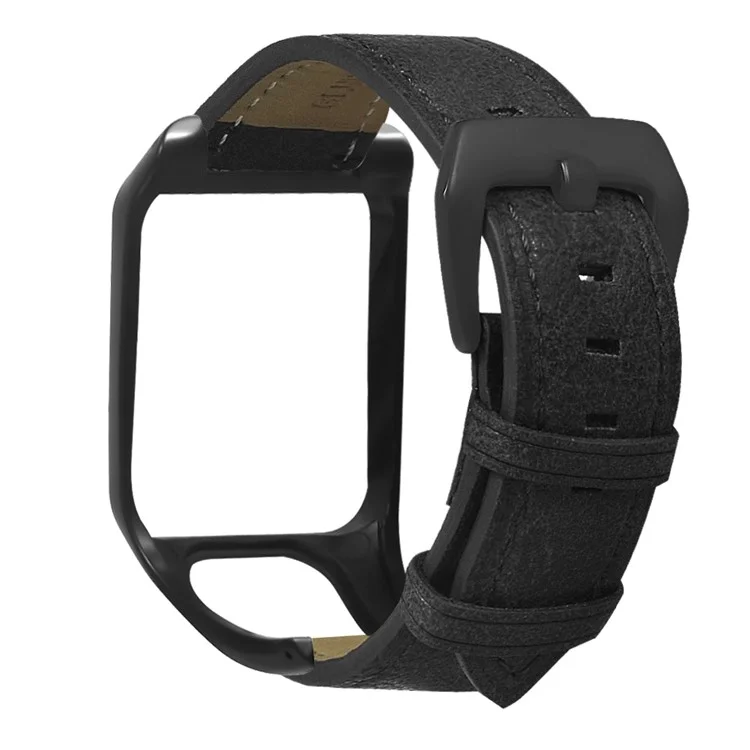 For TomTom Runner 3 / Adventurer Genuine Cow Leather Band Electroplating Buckle  Watch Strap with Case - Black