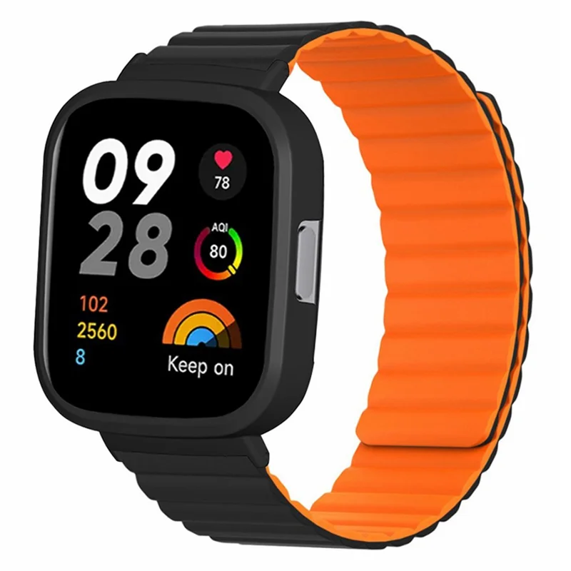 Pour Xiaomi Redmi Watch 3 Bracelet de montre en silicone magnétique avec boîtier de montre en PC - Noir+Orange