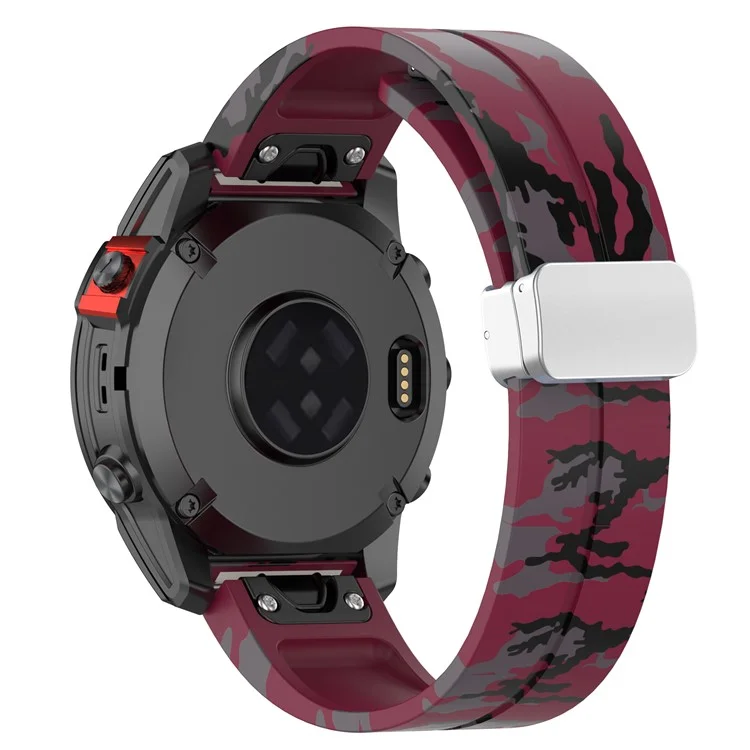 Für Garmin Tactix 7 Pro / Fenix 7X / 6X / 6X Pro / 5X Plus Silikon-Uhrenarmband 26mm Silberschnalle Armband - Camouflage Weinrot