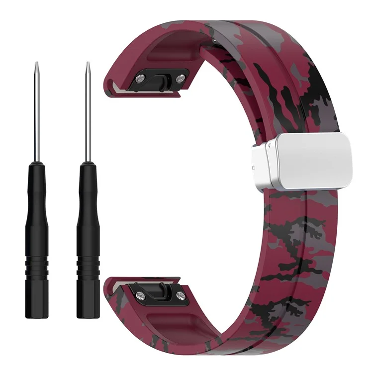 Für Garmin Tactix 7 Pro / Fenix 7X / 6X / 6X Pro / 5X Plus Silikon-Uhrenarmband 26mm Silberschnalle Armband - Camouflage Weinrot