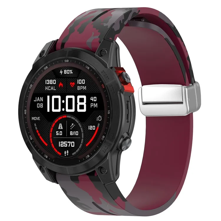 Für Garmin Tactix 7 Pro / Fenix 7X / 6X / 6X Pro / 5X Plus Silikon-Uhrenarmband 26mm Silberschnalle Armband - Camouflage Weinrot
