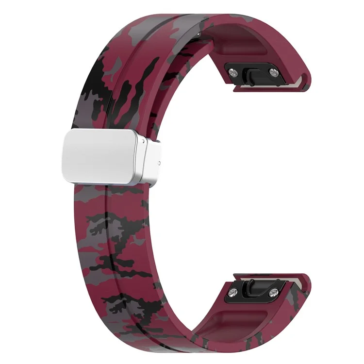 Für Garmin Tactix 7 Pro / Fenix 7X / 6X / 6X Pro / 5X Plus Silikon-Uhrenarmband 26mm Silberschnalle Armband - Camouflage Weinrot