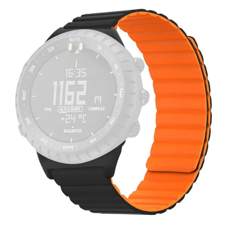 For Suunto Core Magnetic Watch Band 22mm Skin-Friendly Silicone Strap - Black+Orange