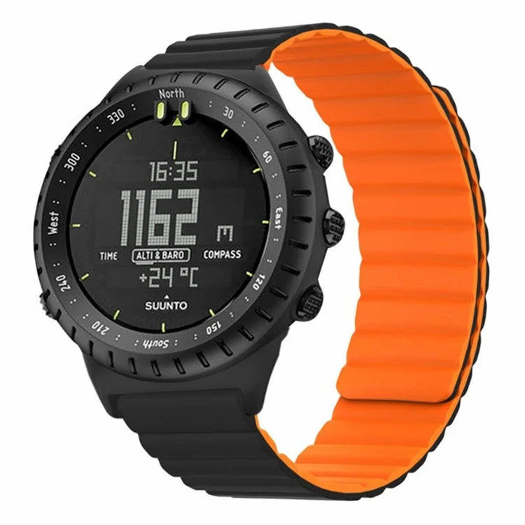 For Suunto Core Magnetic Watch Band 22mm Skin-Friendly Silicone Strap - Black+Orange