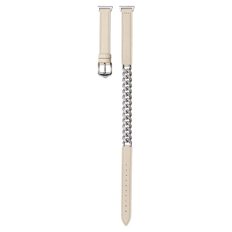 22mm Universal Smart Watch Band Bling Rhinestone Genuine Cow Leather+Chain Strap Replacement - White
