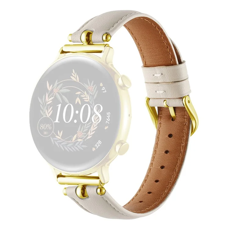 20mm Universal Smart Watch Band Genuine Cow Leather Strap Replacement - White+Gold Buckle