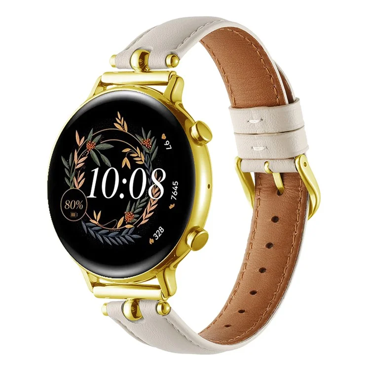 20mm Universal Smart Watch Band Genuine Cow Leather Strap Replacement - White+Gold Buckle