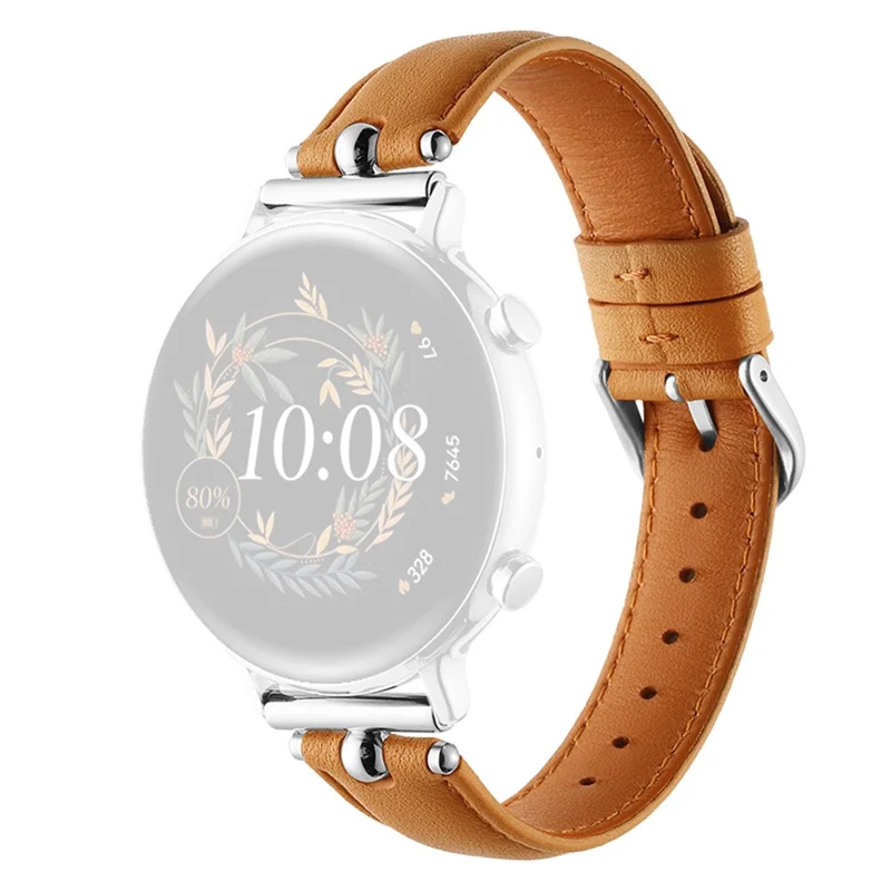 20mm Universal Smart Watch Band Genuine Cow Leather Strap Replacement - Khaki+Silver Buckle