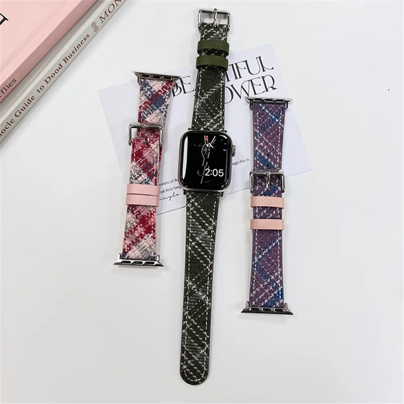 For Apple Watch Ultra 3 2 1 49mm / Series 11 10 46mm / 9 8 7 45mm / SE3 SE2 SE 6 5 4 44mm / 3 2 1 42mm Leather Watch Strap - Blue+Grey+Brown