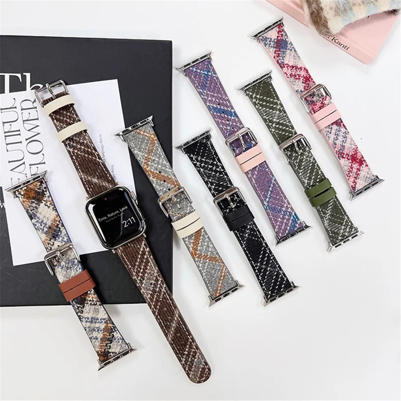 For Apple Watch Ultra 3 2 1 49mm / Series 11 10 46mm / 9 8 7 45mm / SE3 SE2 SE 6 5 4 44mm / 3 2 1 42mm Leather Watch Strap - Blue+Grey+Brown