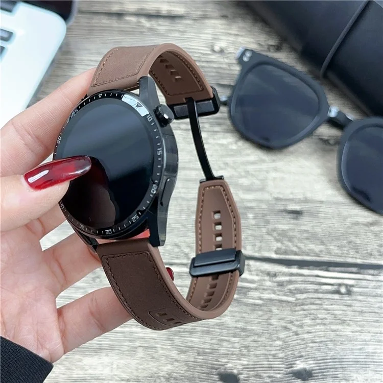 Universal 22mm PU Leather+Silicone Watch Band Replacement with Magnetic Folding Buckle - Coffee