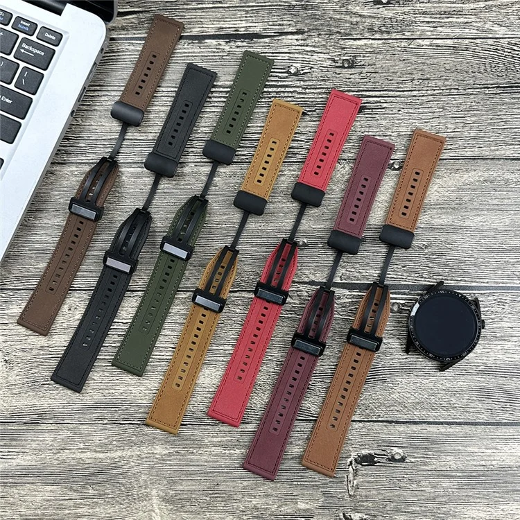 Universal 22mm PU Leather+Silicone Watch Band Replacement with Magnetic Folding Buckle - Coffee