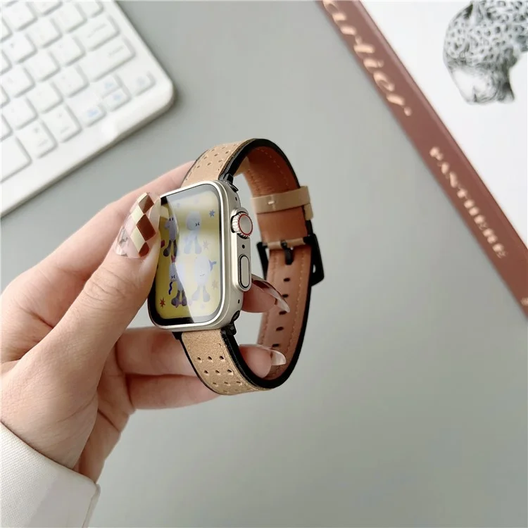 For Apple Watch Series 10 46mm / Ultra 2 Ultra 49mm /  Series 9 8 7 45mm / 6 5 4 SE (2023) SE (2022) SE 44mm / 3 2 1 42mm Top Layer Cowhide Watch Strap - Light Yellow