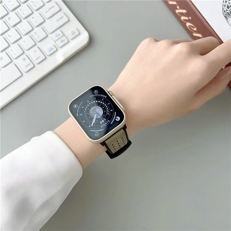 For Apple Watch Series 10 46mm / Ultra 2 Ultra 49mm /  Series 9 8 7 45mm / 6 5 4 SE (2023) SE (2022) SE 44mm / 3 2 1 42mm Top Layer Cowhide Watch Strap - Light Yellow
