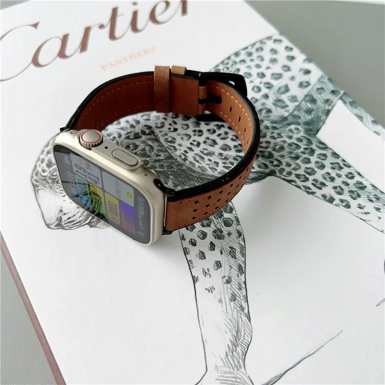 For Apple Watch Series 10 46mm / Ultra 2 Ultra 49mm /  Series 9 8 7 45mm / 6 5 4 SE (2023) SE (2022) SE 44mm / 3 2 1 42mm Top Layer Cowhide Watch Strap - Light Yellow