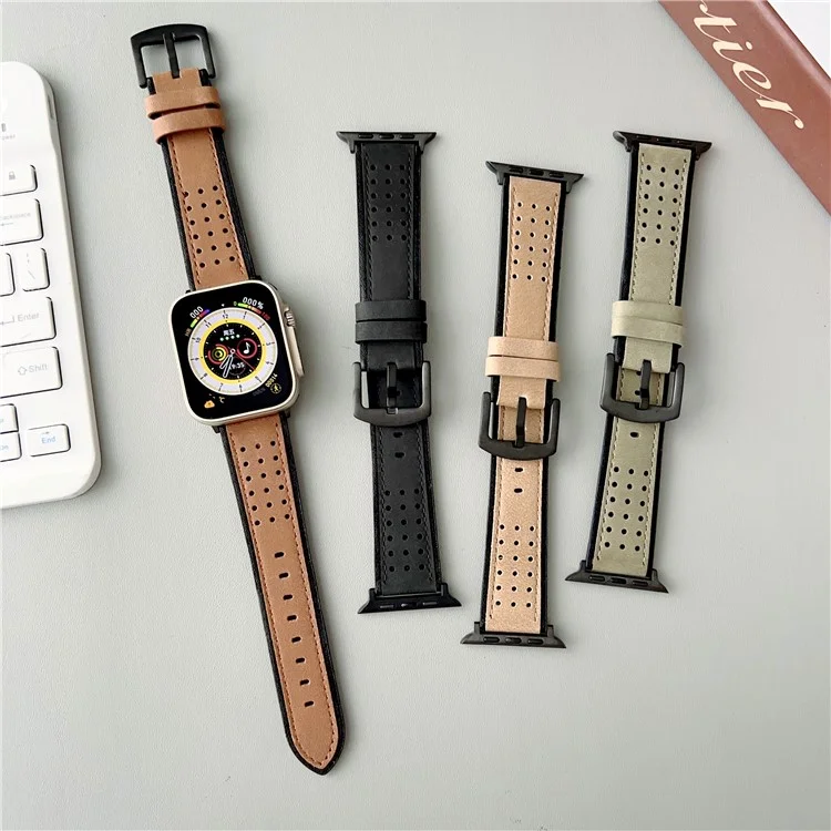 For Apple Watch Series 10 46mm / Ultra 2 Ultra 49mm /  Series 9 8 7 45mm / 6 5 4 SE (2023) SE (2022) SE 44mm / 3 2 1 42mm Top Layer Cowhide Watch Strap - Light Yellow