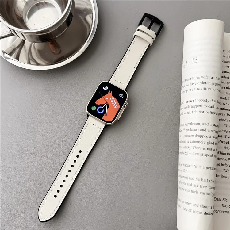 Watch Strap for Apple Watch Series 10 42mm / 9 8 7 41mm / SE (2023) SE (2022) SE 6 5 4 40mm / 3 2 1 38mm Genuine Cow Leather Silicone Band - White