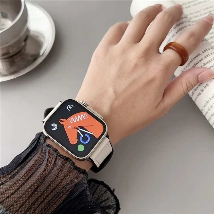 Watch Strap for Apple Watch Series 10 42mm / 9 8 7 41mm / SE (2023) SE (2022) SE 6 5 4 40mm / 3 2 1 38mm Genuine Cow Leather Silicone Band - White