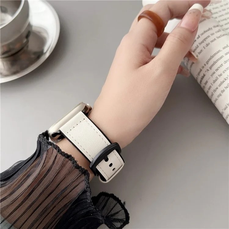 Watch Strap for Apple Watch Series 10 42mm / 9 8 7 41mm / SE (2023) SE (2022) SE 6 5 4 40mm / 3 2 1 38mm Genuine Cow Leather Silicone Band - White