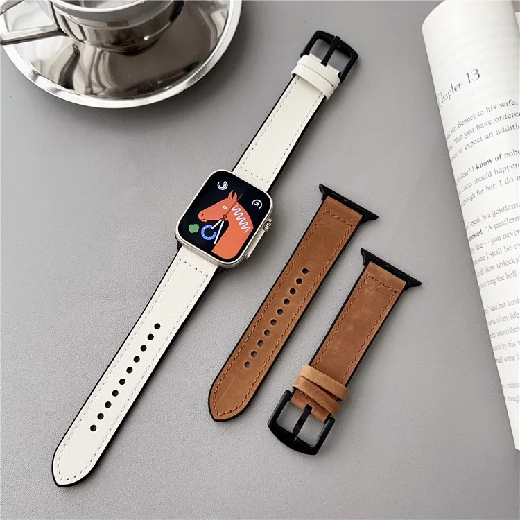 Watch Strap for Apple Watch Series 10 42mm / 9 8 7 41mm / SE (2023) SE (2022) SE 6 5 4 40mm / 3 2 1 38mm Genuine Cow Leather Silicone Band - White